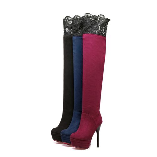 Round Toe Women High Heel Knee High Platform Boots