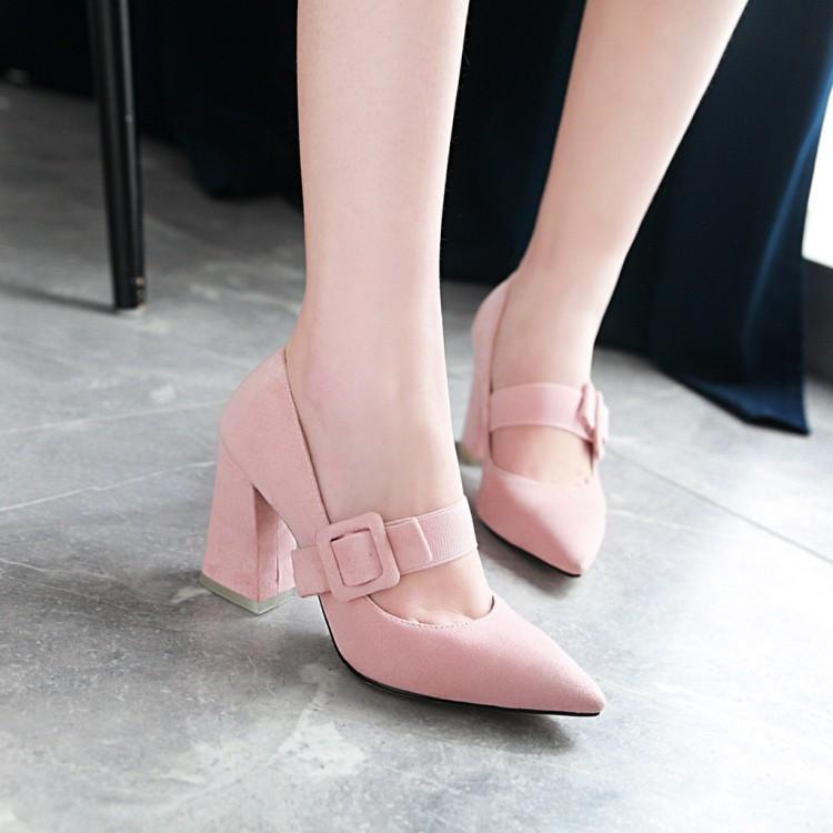Buckle Rough-heeled High-heeled Pointed Toe Chunky Pumps Shoes Woman