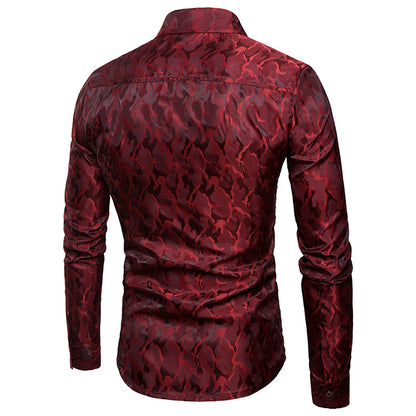 Men's Shinny Night Club Camouflage Design Silk Fashion Turndown Long Sleeves Shirts