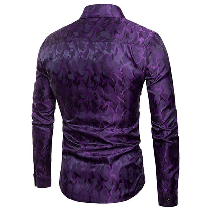 Men's Shinny Night Club Camouflage Design Silk Fashion Turndown Long Sleeves Shirts