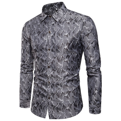 Men's Shinny Night Club Camouflage Design Silk Fashion Turndown Long Sleeves Shirts