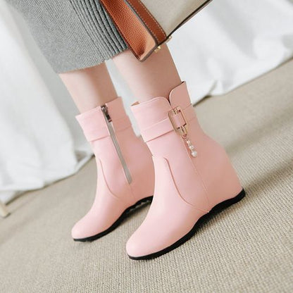 Women Buckle Pearl Wedges Heels Short Boots Winter Shoes