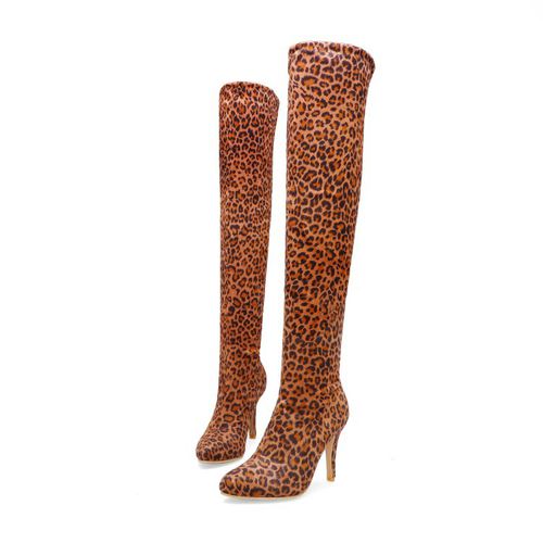 Women Leopard Print High Heels Knee High Boots