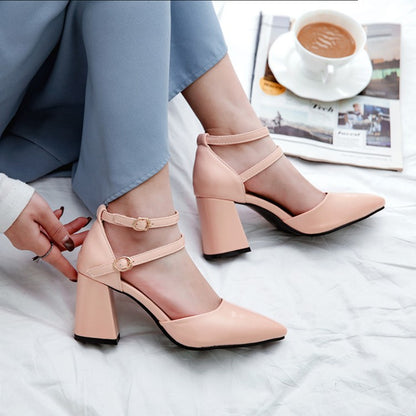 Women Double Straps Pointed Toe Chunky Heels Sandals Shoes MF4220