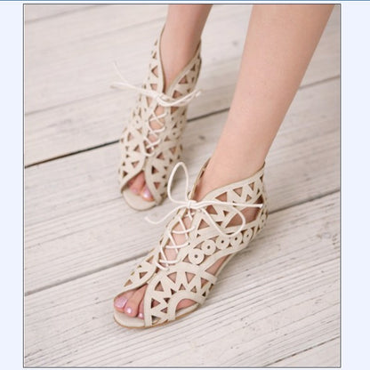 Women Peep Toe Lace Up Flat Sandals Shoes 1552