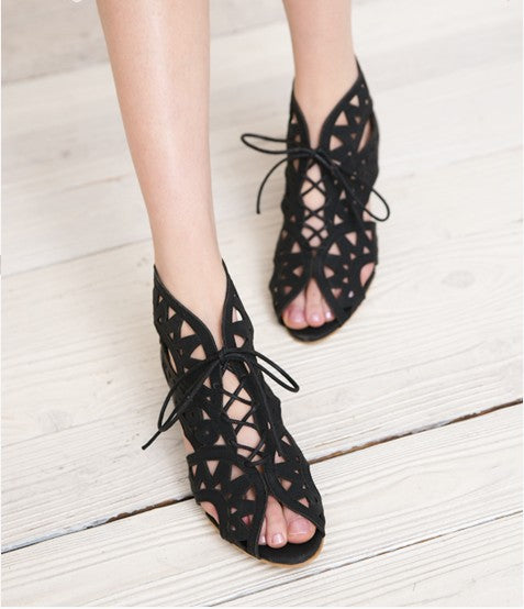 Women Peep Toe Lace Up Flat Sandals Shoes 1552