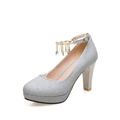 Rhinestone High Heelss Thick-heeled Women's Round Head Platform Chunky Pumps Wedding Shoes Woman