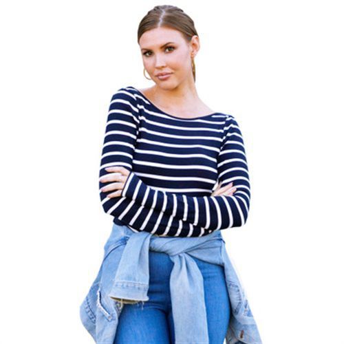 Stripe Round Neck Long Sleeves Sexy Slim Women T Shirts