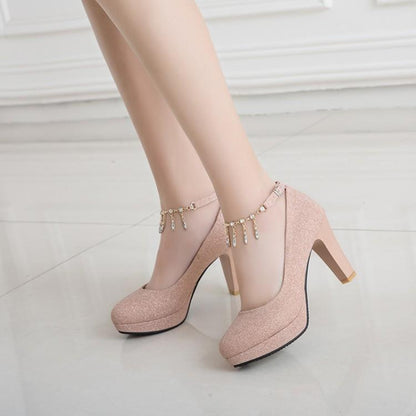 Rhinestone High Heelss Thick-heeled Women's Round Head Platform Chunky Pumps Wedding Shoes Woman