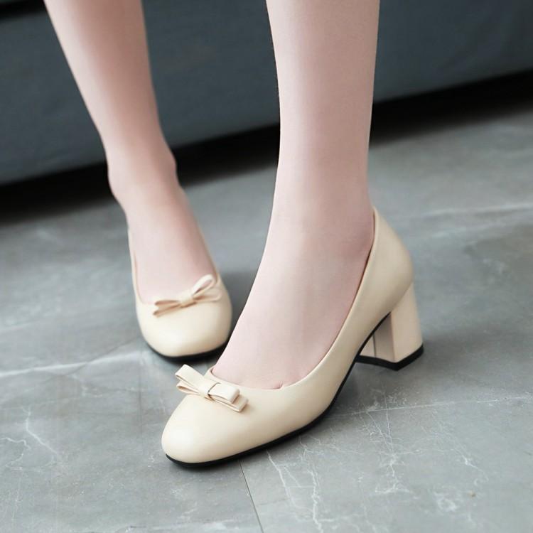 Ladies Sweet Bow Knot Thick Heel Shallow Mouth Square Head Middle Heels Woman Pumps
