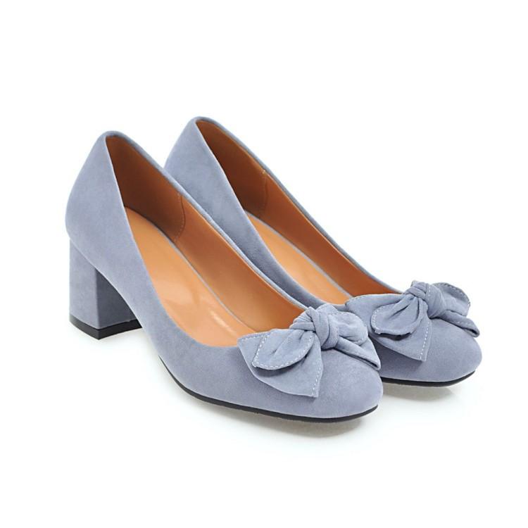 Ladies Sweet Butterfly Knot Suede Thick Heel Middle Heels Woman Pumps