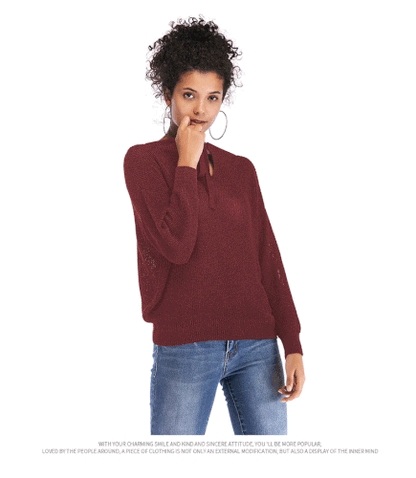 Women's Spring Loose Sweater with Lace-up Casual Sweater Before and After Solid Color