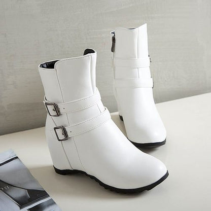 Women Buckle Wedges Heeled Short Boots Winter Shoes