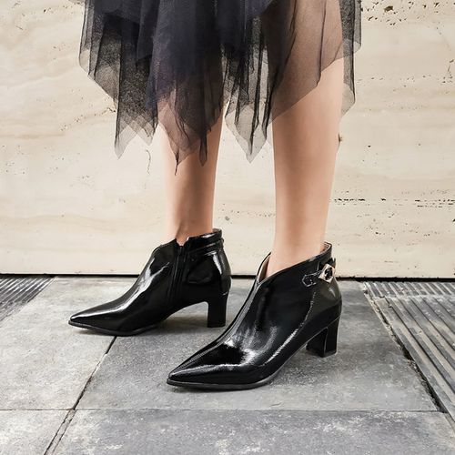 Pointed Toe Zip Buckle Patent Leather Women's High Heeled Ankle Boots