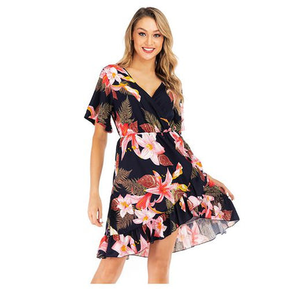 Fashionable Flower Print V-neck Short Sleeve with Fresh Wrinkles Women Dresses