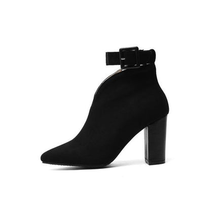 Pointed Toe Buckle Women's High Heeled Chunky Ankle Boots