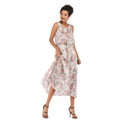 Fresh and Sweet Beam Waist Swing Skirt Skinny Print Shoulder Strap Chiffon Skirt Women Dresses