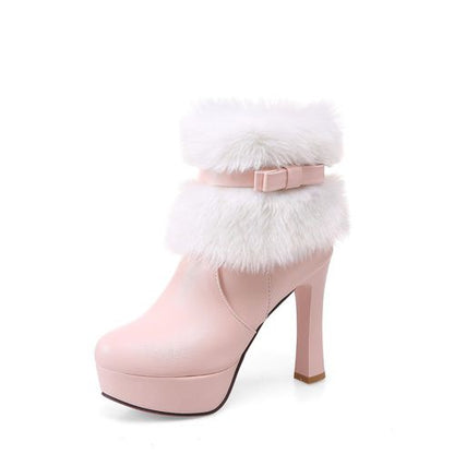 Women Bow Tie High Heels Short Boots Winter Shoes