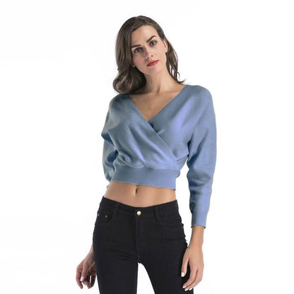 Solid Short Sweater Women Spring New Slim Cross V-neck Knitwear