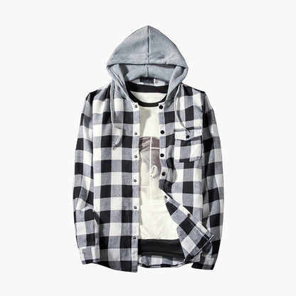 Men's Fashion Hooded Plaid Color Block Long Sleeves Shirts