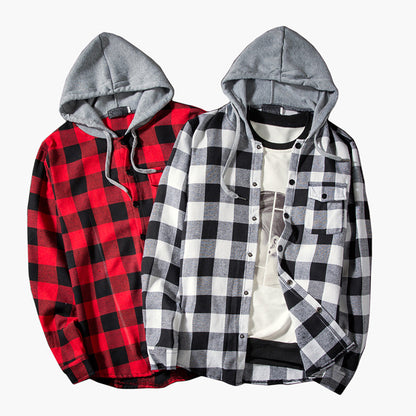 Men's Fashion Hooded Plaid Color Block Long Sleeves Shirts