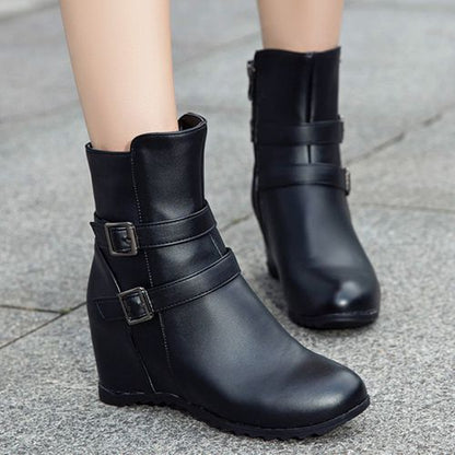 Women Buckle Wedges Heeled Short Boots Winter Shoes