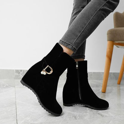 Women Metal Buckle Pearl Wedges Short Boots Winter Shoes