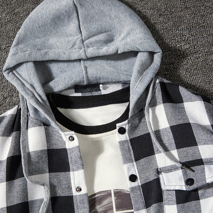 Men's Fashion Hooded Plaid Color Block Long Sleeves Shirts