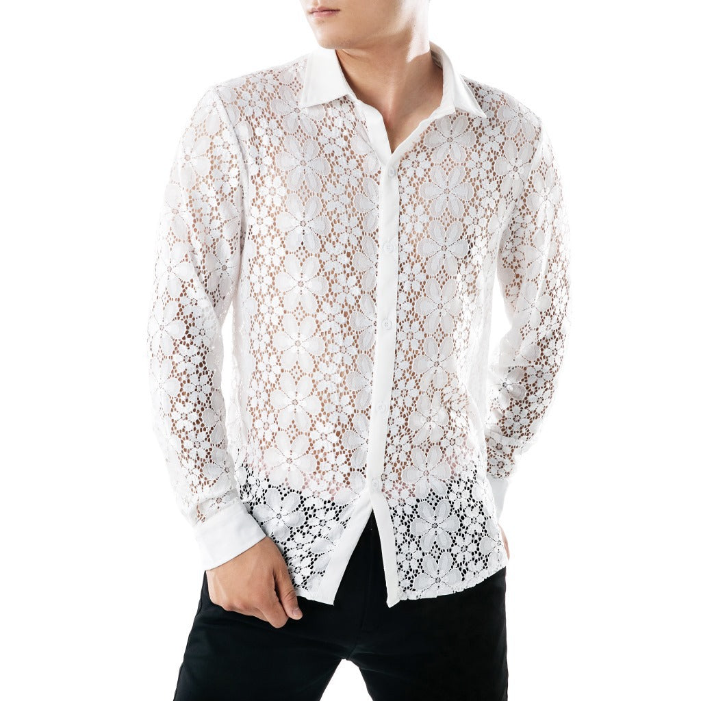 Men's Lace Solid Color Fashion Design Long Sleeves Turndown Shirts