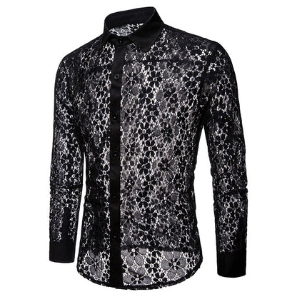 Men's Lace Solid Color Fashion Design Long Sleeves Turndown Shirts