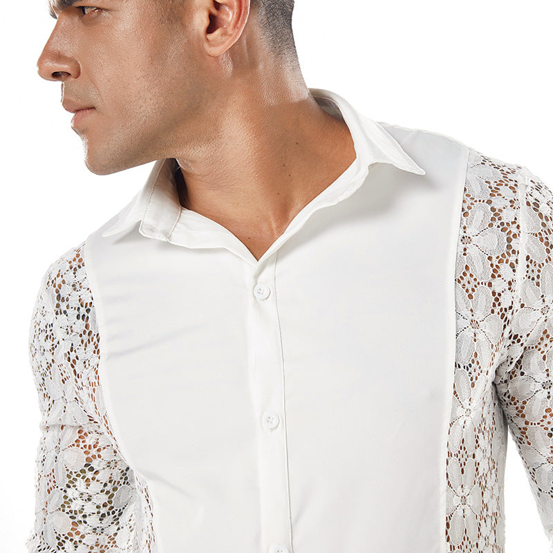 Men's Lace Solid Color Fashion Design Long Sleeves Turndown Shirts