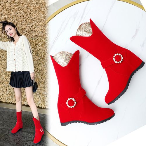 Women Sequined Wedge Mid Calf Boots Winter Shoes