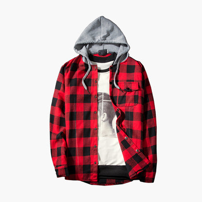 Men's Fashion Hooded Plaid Color Block Long Sleeves Shirts