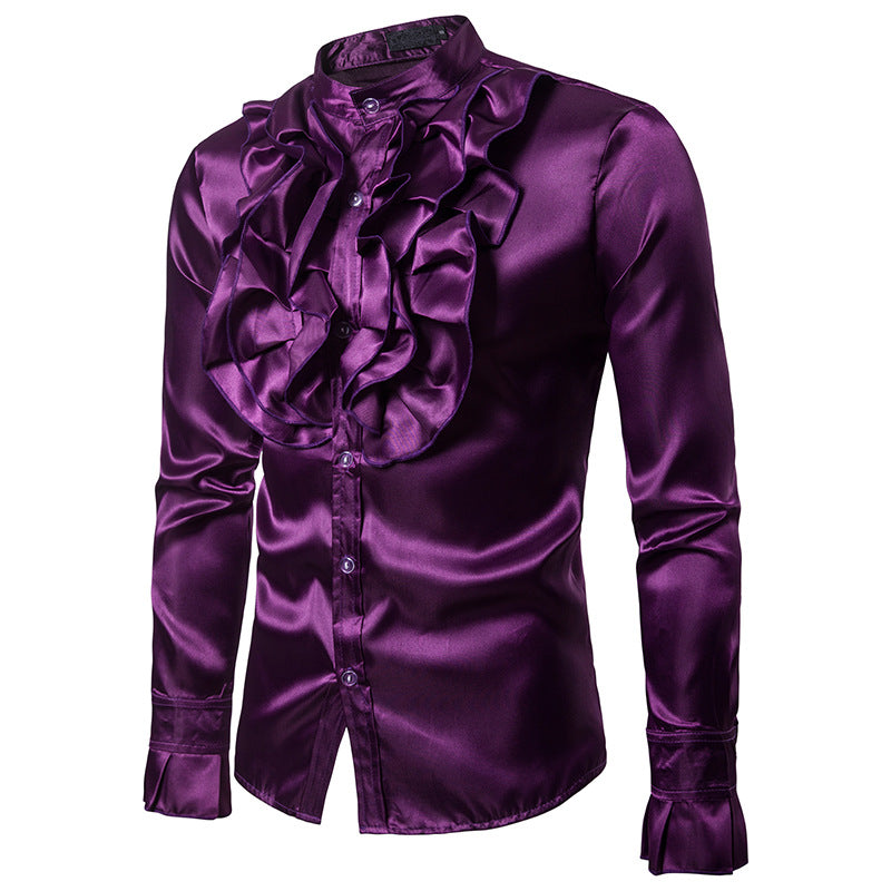 Men's Chest Flower Show Fashion Design Stand-Up Collar Long Sleeves Shirts