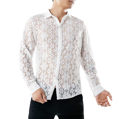 Men's Lace Solid Color Fashion Design Long Sleeves Turndown Shirts