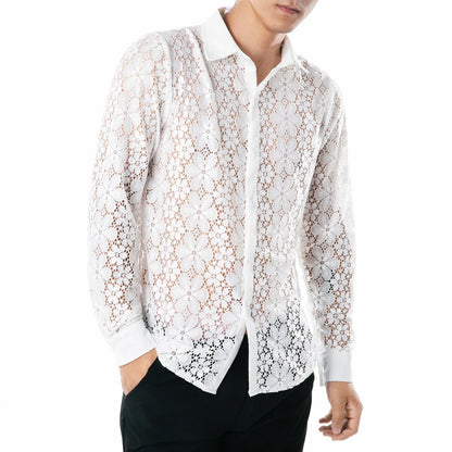 Men's Lace Solid Color Fashion Design Long Sleeves Turndown Shirts