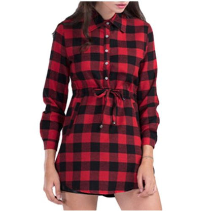 Plaid Shirt Spring Summer Skinny Beam Waist Mid Length A-line Skirt Women Dresses