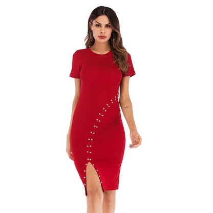 Round Neck Short Sleeve Pin Bead Mid Length Skirt Split Buttock Knitting Women Dresses