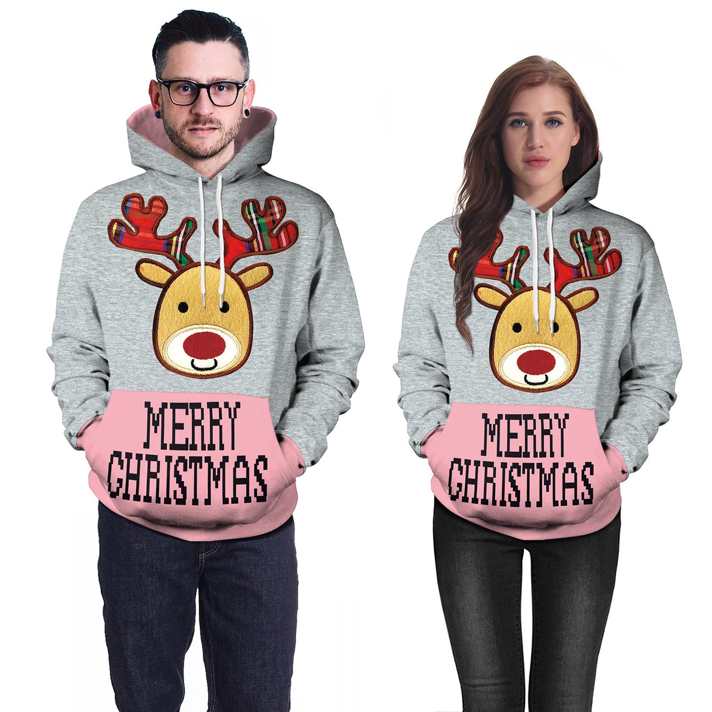 Couple Christmas Fawn Printed Loose Casual Hooded Sweater