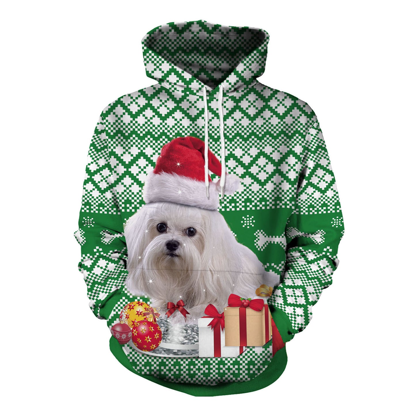 Couple Christmas Animal Puppy Print Casual Hooded Sweater