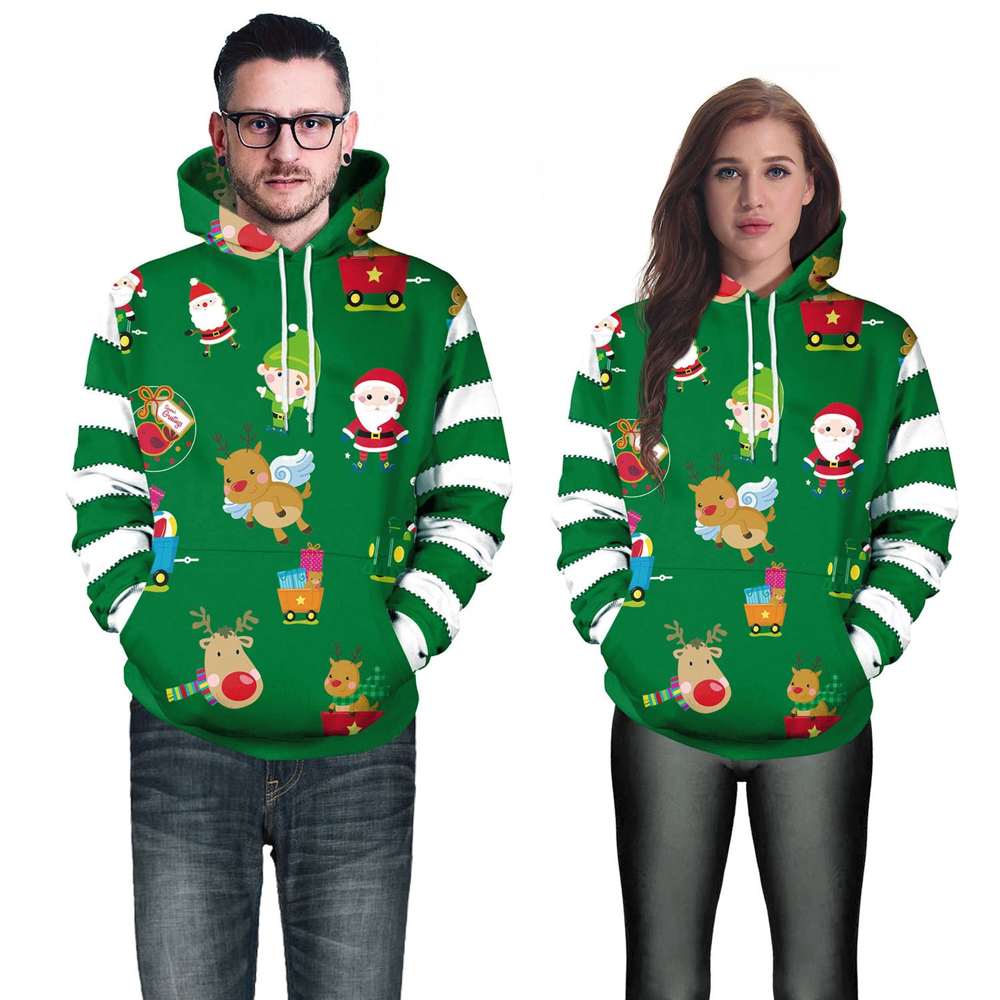 Couple Christmas Crew Neck Printed Hooded Sweater
