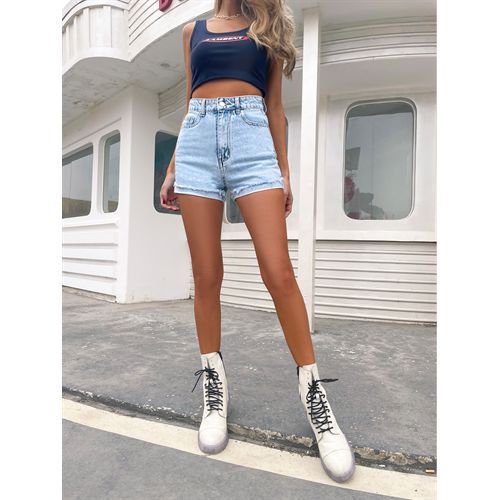 Ins Fashion Daily High Waist All-matched Rolled Edge Denim Short Women Jeans
