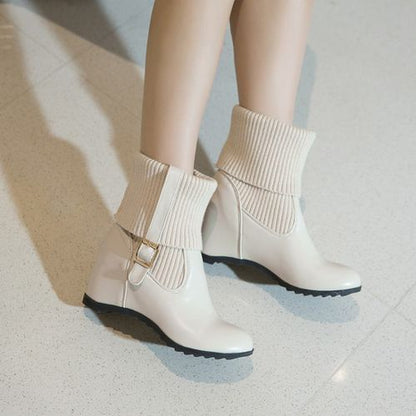 Women Buckle Wedges Heels Short Boots Winter Shoes