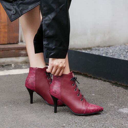 Pointed Toe Lace Up Women's High Heeled Stiletto Heels Ankle Boots