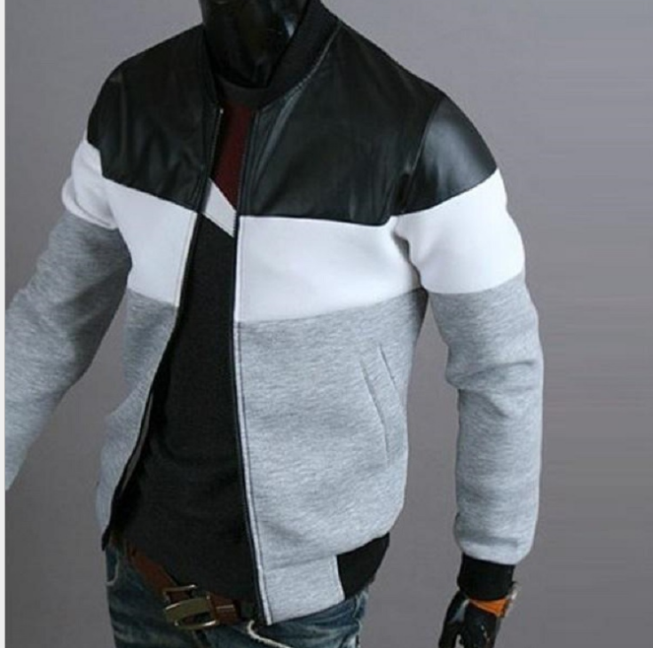 Classic Color Block PU Leather Spliced Rib Hem Stand Collar Long Sleeves Men's Slimming Jacket 1689