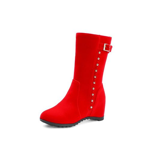 Women Rivets Buckle Wedges Mid Calf Boots Winter Shoes