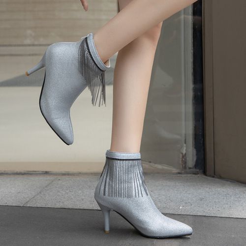 Pointed Toe Tassel Women's High Heeled Stiletto Heels Ankle Boots