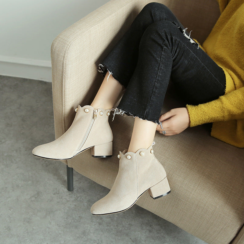 Square Head Pearl Leather Autumn Winter Short Boots
