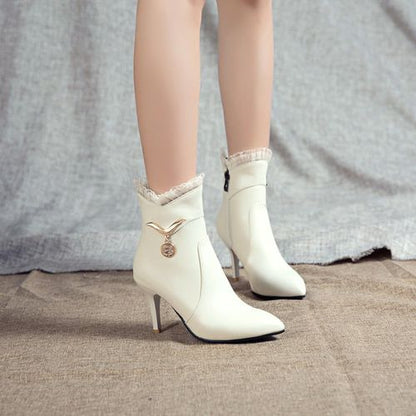 Women Pointed Toe Lace High Heels Short Boots Winter Shoes