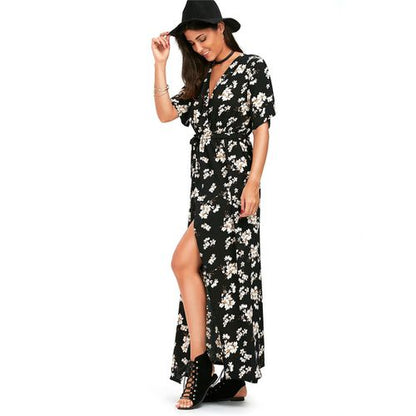 Vintage Crushed Flower Deep V-neck High Open Fork Short-sleeved Holiday Beach Dress Women Dresses